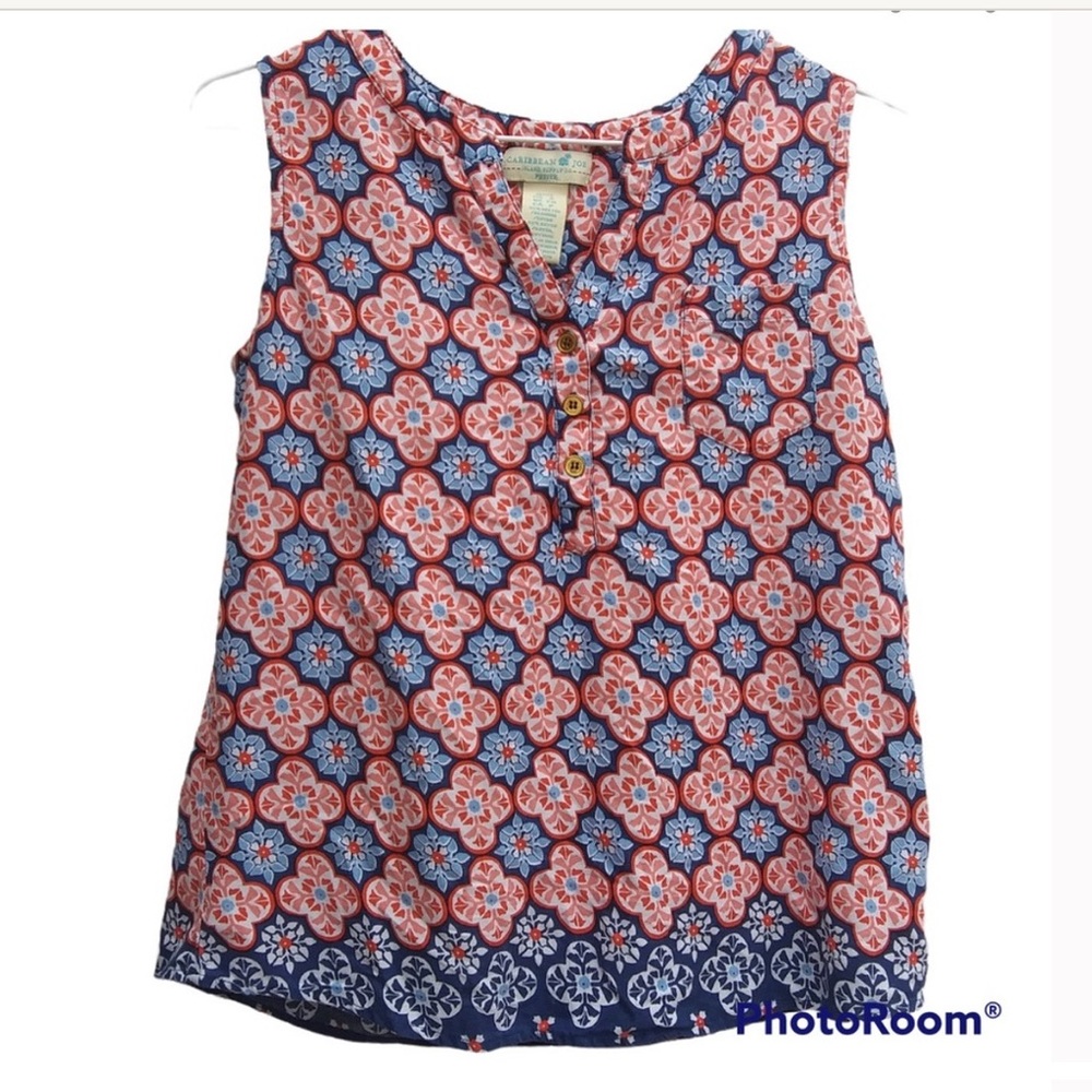 Caribbean Joe Red and Blue Patterned Blouse